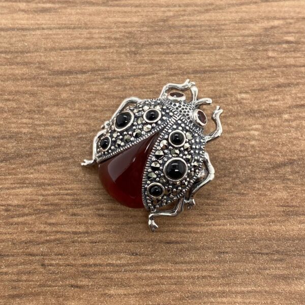 A red and black ladybug brooch on a wooden table.