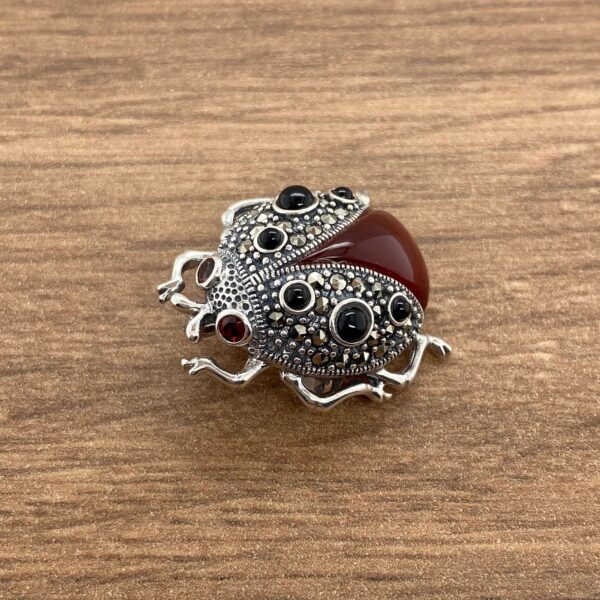 Silver ladybug brooch with red stone.