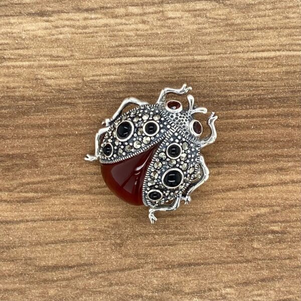 Silver ladybug brooch with red stone.