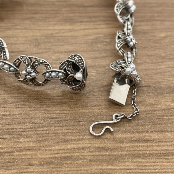 Silver bracelet with marcasite and pearls.