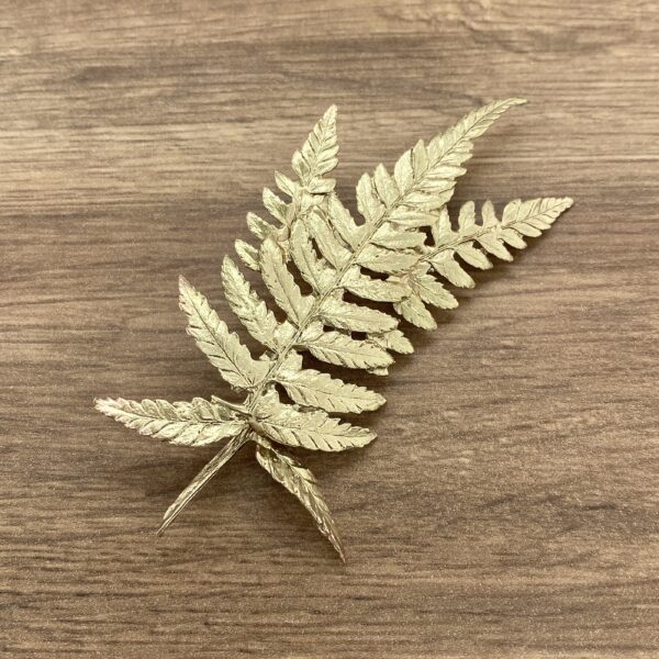 A gold fern leaf brooch on a wooden table.