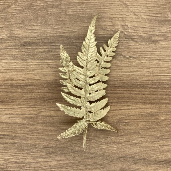 A gold fern leaf brooch on a wooden table.