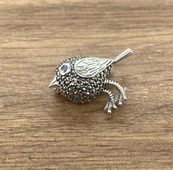 Silver bird brooch with blue eye.