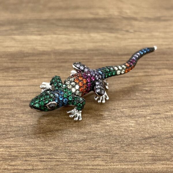 Gemstone lizard brooch on wood background.