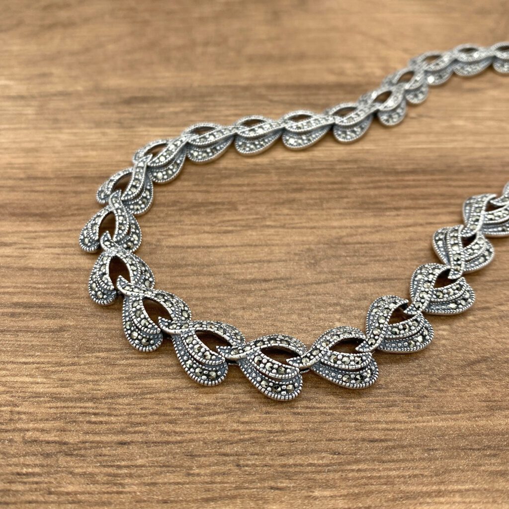 Silver marcasite leaf necklace.