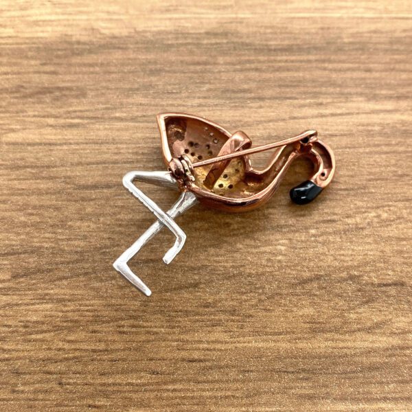 Rose gold flamingo brooch back view.