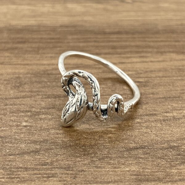 Silver snake ring on wood background.