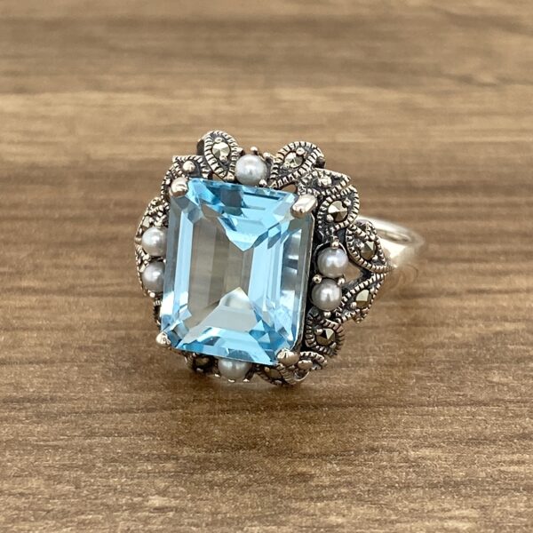 Blue topaz ring with pearls and marcasite.