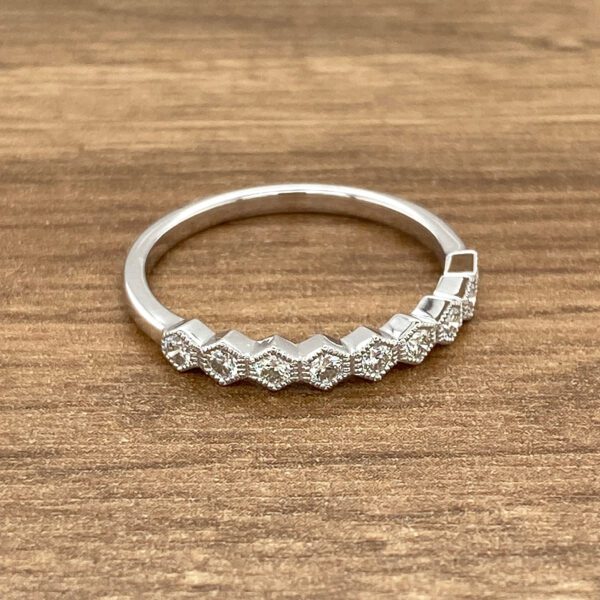 White gold diamond hexagon ring.