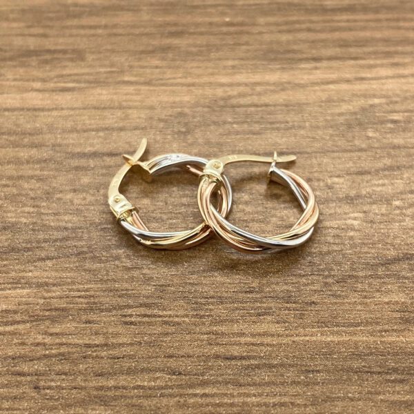 Tri-gold twisted hoop earrings.
