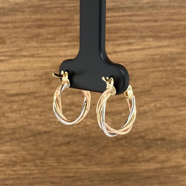 Tri-tone gold twisted hoop earrings.