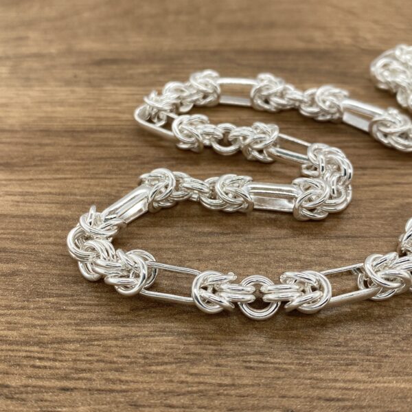 Silver Byzantine chain necklace close-up.
