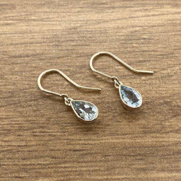 Gold aquamarine pear drop earrings.