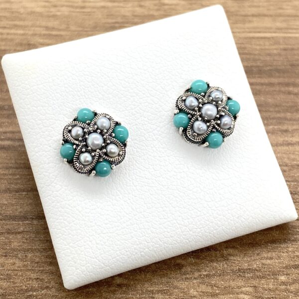 Silver & Pearl Turquoise Cluster Earrings