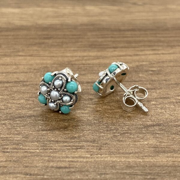 Silver & Pearl Turquoise Cluster Earrings - Image 2