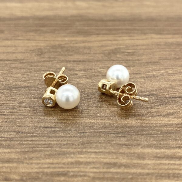 Pearl & Diamond Collet Stud Earrings, Yellow Gold - Image 2