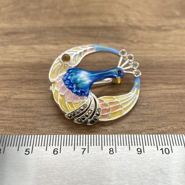 Peacock brooch, enamel, silver, marcasite.