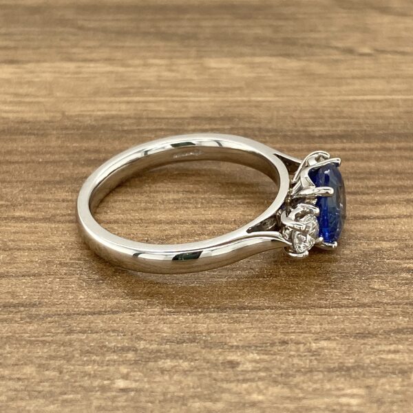 Three-stone sapphire and diamond ring.