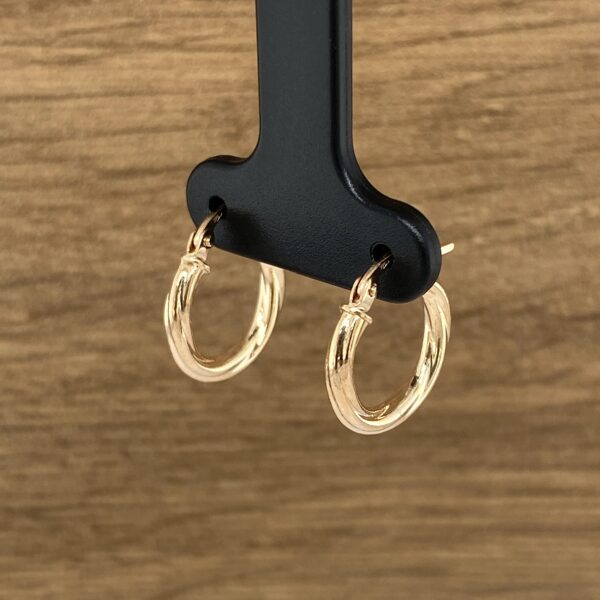 Gold hoop earrings on display.